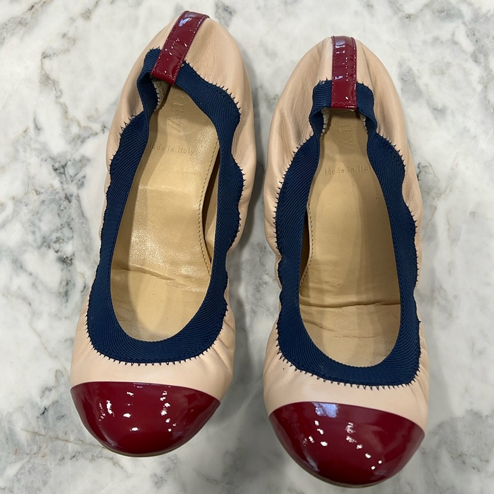 J Crew Nude Navy Burgundy Mila Cap Toe Leather Ballet Flats Size 8  Made in 🇮🇹